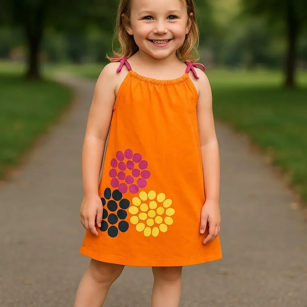 Hanna Andersson‎ Girls Dress Sz 8 130 Orange Flowers Sleeveless Knit